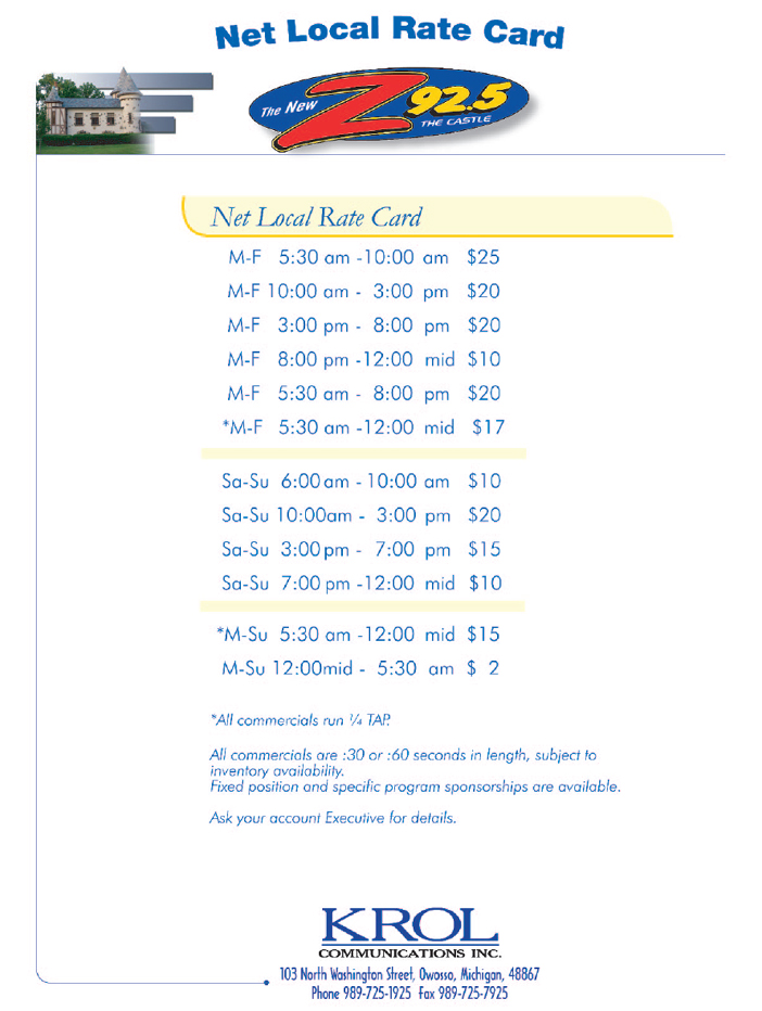 Net Card / Rate Information